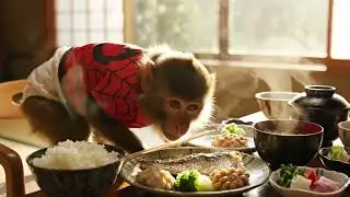 Mukbang | Nino the Monkey Tries a Japanese-Style Breakfast I AI Content Creation Universe