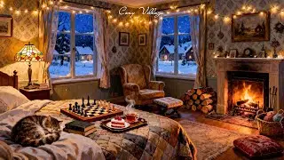 warm snowy winter night | cozy 1960s cottage with vintage jazz oldies playing in another room