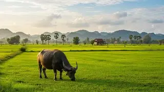 Buffalo Grazing on Green Fields | Cambodian Countryside Life