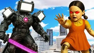 GTA5 鱿鱼游戏木头人发疯！“我姑妈割🐔皮”咒语让全洛圣都爆炸！🤣【SQUID GAME GIANT DOLL VS UPGRADED TITAN TVMAN】