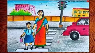 how to draw road safety with oil pastel colour