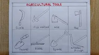 8 Different types of Agricultural Tools drawing| Farm tools drawing step by step| Easy drawing