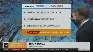 Cold start to the week in Maryland, light snow Tuesday night