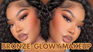 EASY BRONZE GLOWY MAKEUP W.O.C |FT WEST KISS HAIR CURLY FRONTAL WIG | PRE PLUCKED
