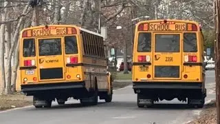First Student 2022 Thomas C2 School Bus NCMW9941 Passing By while 2356 (2019 Thomas C2) is parked