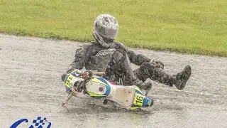 Adults racing mini bikes. Hilarious finish
