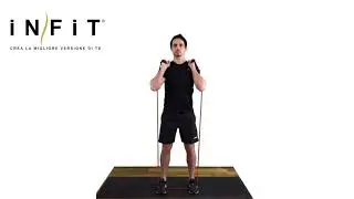 Squat con elastico a terra mani alle spalle