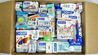 Unboxing DOMS Stationery items - Brush Pen, Wax Crayons, Eraser, Sharpener, Dark Pencil, Oil Pastel🤩