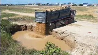 GREAT JOB ! First Heavy dump truck 25T unloading soil landfilling & skill operator bulldozer pushing