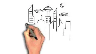 How to draw Futuristic city with flying cars drawing image step by step