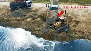 OMG!! 25.5-Ton Truck Stuck by Landslide Problems & Komatsu Dozer Trying To Help Recovery
