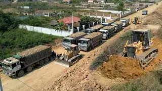 New Project Construction Foundation Making New Road Skills Komatsu Dozer Heavy many Dump Trucks