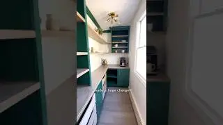 Kitchen pantry renovation, adding storage with deep green cabinets and stained wood countertops