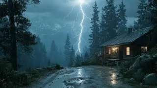 Cabin Thunderstorm Night | Relaxing Rain & Waterfall Ambience