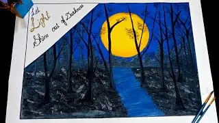 An easy nature night view scenery painting || Sunset poster color painting | Sun in the dark scenery
