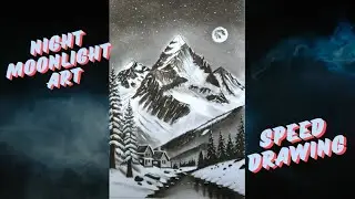 Night Moonlight Mountain Scenery Drawing | Snowy Landscape Art | Speed Drawing