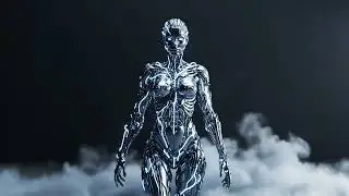 Cinematic futuristic 3D visual, abstract cyber organic humanoid figure emerging from darknes 3