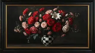 1 HR VALENTINES DAY FLOWERS IN BLACK CHECKERED VASE VINTAGE TV ART INCLUDING PIANO MUSIC 4K