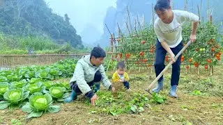 In the small garden: Happiness is working together to prepare for the new vegetable crop.