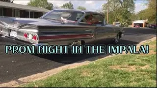 Son takes bagged 1960 4 spd chevy impala 348 W motor exhaust to senior prom air ride 18th birthday.