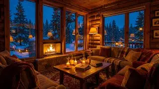 Cozy Winter Cabin Ambience ❄️ Snowy Night with Smooth Jazz & Fireplace Sounds for Relaxation, Sleep