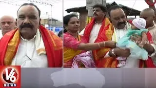 Home Minister Naini Narasimha Reddy Visits Tirumala Sri venkateswara Swamy Temple | V6 News