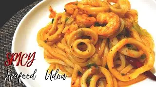 Spicy Stir Fried Seafood UDON From Scratch | Spicy Noodle Recipe | Squid Recipe
