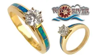 14K Solid Gold .51 CT Diamond & Natural Australian Opal Inlay Tiffany-Style Designer Ring