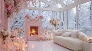 Romantic Cozy Winter Ambience with Crackling Fireplace and Snow Falling Outside a Warm Room