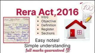 RERA ( Real estate regulation & Development Act, 2016 | Scope,obj | Promoter duties | notes on📝 law