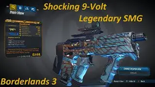 Borderlands 3: 9-Volt Legendary SMG. Always shock. Shoots 7 pellets in a letter V pattern