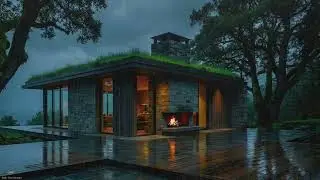 Healing Night Rain with Fireplace & Soft Thunder for Inner Peace in a Serene Forest Grass Roof Home