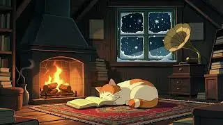 Cozy Old Bookstore Loft with Snowfall & Fireplace Sounds | Relaxing Jazz for Deep Sleep & Stres