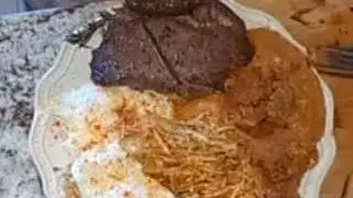 BIRTHDAY BREAKFAST!!! Frijoles Puercos, hash browns ,easy ribeye steak & eggs!