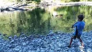 5 year old catching a pink salmon
