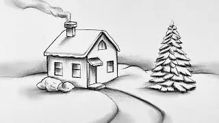 Winter Scenery Drawing with House and Pine Tree | Easy Snow Landscape Pencil Drawing Step by Step