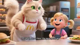 A cute anthropomorphic cat working at McDonald's, wearing a red and yellow