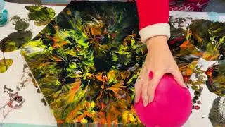 Acrylic pouring ~SOMETHING SPECIAL ✅ ~STUNNING FIREY BLOW OUT ON LARGE HEXAGONAL CANVAS