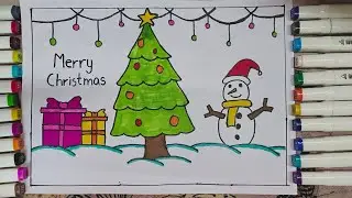 Merry Christmas drawing | Christmas tree drawing | Christmas day drawing | snowman drawing
