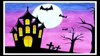How to draw Halloween Scenery drawing with pencil colour | Haunted House drawing for Beginners