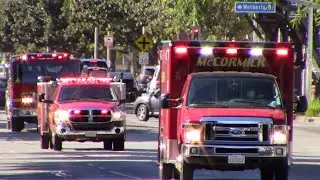 McCormick Ambulance 311, LACoFD Engine 7 (reserve), and Squad 7 Transporting