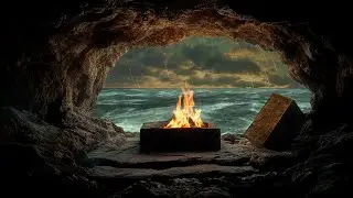 Mystical Cave with Fire & Ancient Atlas Book | Rain & Ocean Sounds for Relaxation 🌧️