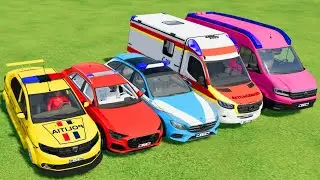TRANSPORTING POLICE CARS, AMBULANCE, FIRE TRUCK, COLORFUL CARS WITH TRUCK -FARMING SIMULATOR 22!