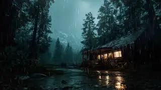 Cozy Cabin Thunder Rain  | Endless Waterfall Sleep Ambience