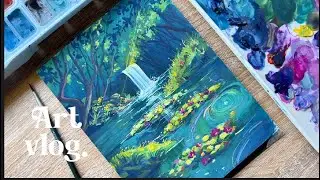 Dreamy Waterfall Gouache Painting- Ghibli and Monet Inspired ☀️🌸 || Zoe Art Garden || art vlog
