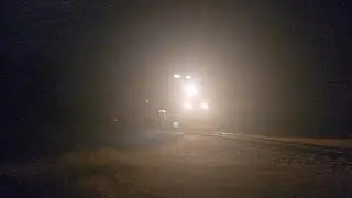 Nighttime Union Pacific train heads north at Quarry Spring st, Kasota, MN (October 4, 2025)