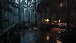 Soft Night Rain and Gentle Piano in Forest Cabin Ambience for Deep Rest, Focus, Meditation, Sleep