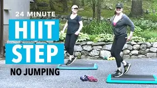 HIIT STEP &mdash; Без прыжков &mdash; Интервальная тренировка для сжигания жира №5 с гантелями (24 мин)