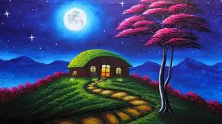 Moonlight night scenery drawing painting | beautiful nature drawing
