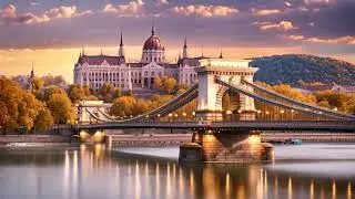 Budapest Chain Bridge over Danube river at sunset, Hungary, Budapest with chain bridge and